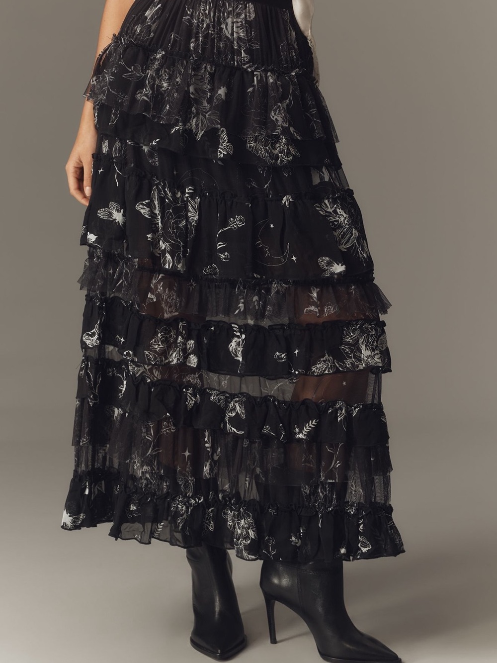 NWOT Anthropologie Tiered Ruffled Petticoat Maxi Skirt- Black Celestial Print - Picture 2 of 7